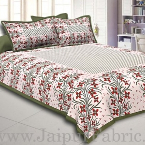 Mehndi Border White Base Red and Green Flower and Leaf Pattern Coton Double Bedsheet