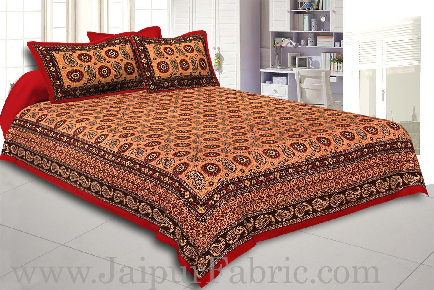 Red Border Peach Base Flower and Paisley Pattern Coton Double Bedsheet