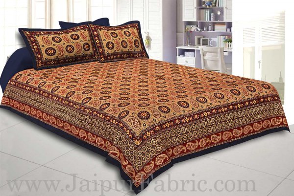 Navy Blue Border Light Brown Base Flower and Paisley Pattern Coton Double Bedsheet