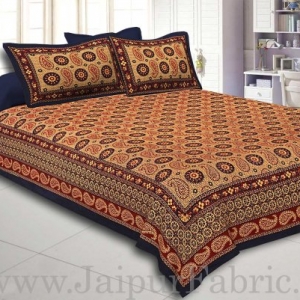 Navy Blue Border Light Brown Base Flower and Paisley Pattern Coton Double Bedsheet