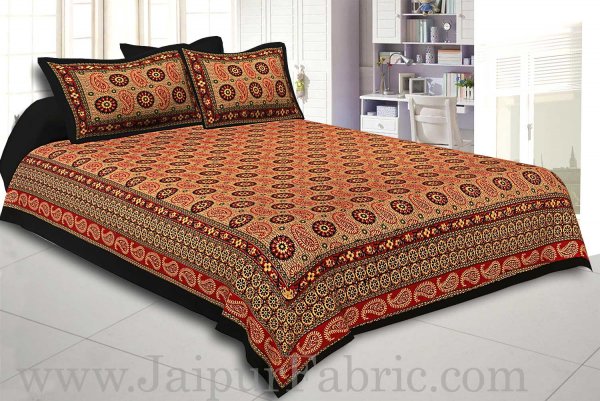 Black Border Light Brown Base Flower and Paisley Pattern Coton Double Bedsheet