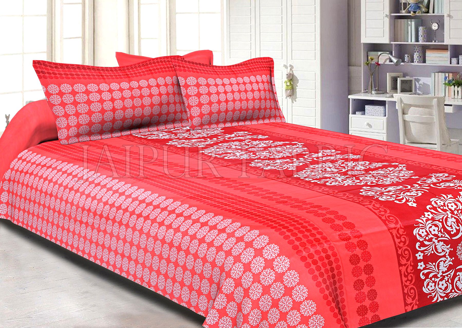 Red Rajasthani Block Printed Cotton Double Bed Sheet