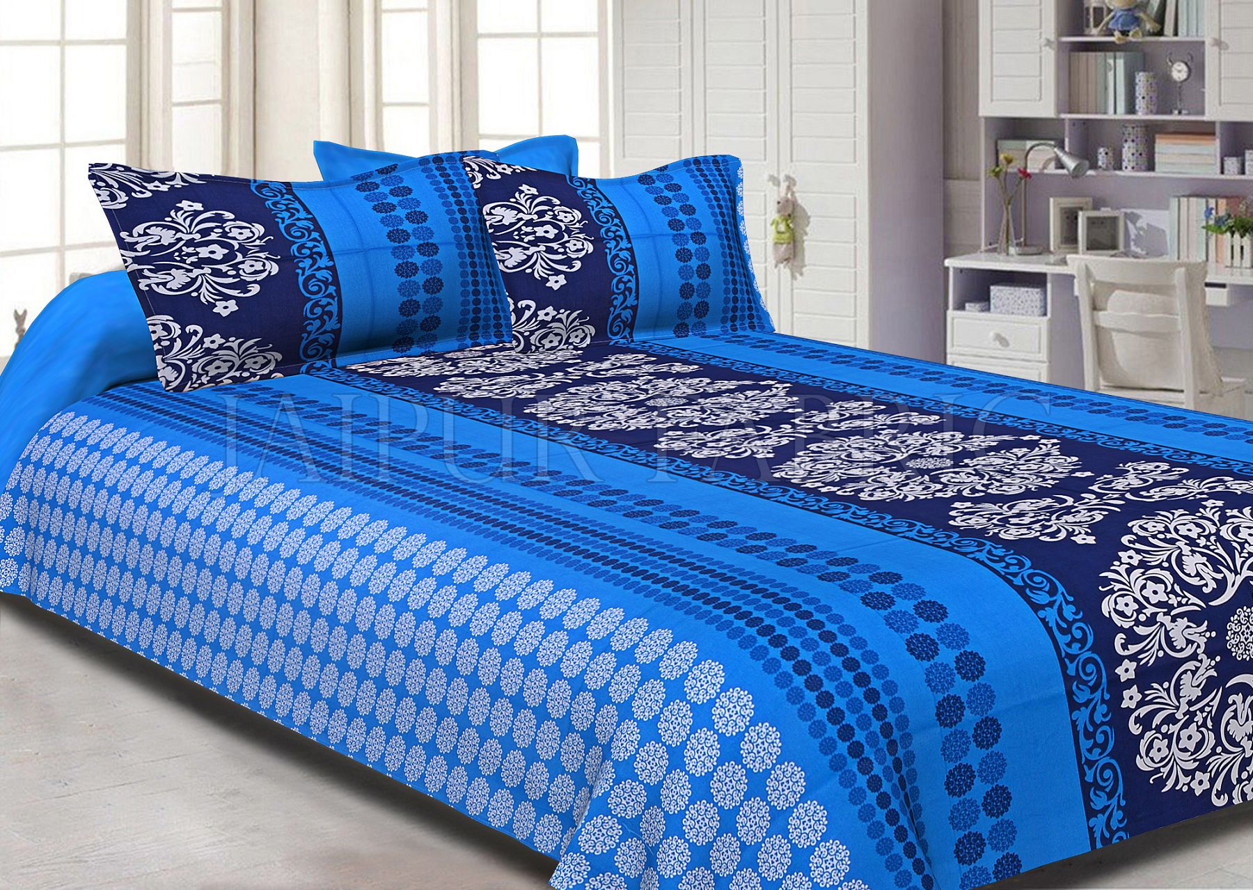 Blue Rajasthani Block Printed Cotton Double Bed Sheet