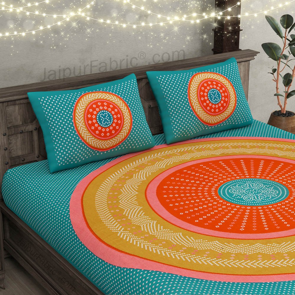 Double Bedsheet Sea Green With Round Shape Bandhej Print