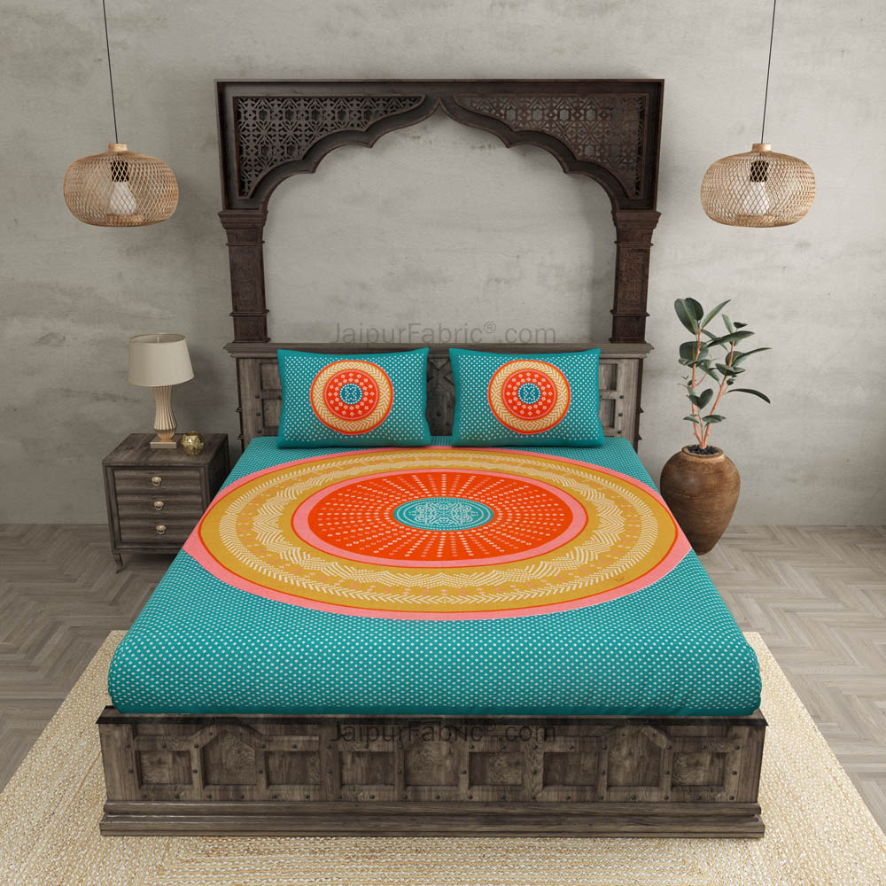 Double Bedsheet Sea Green With Round Shape Bandhej Print