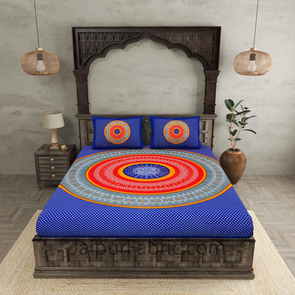 Double Bedsheet Blue With Round Shape Bandhej Print