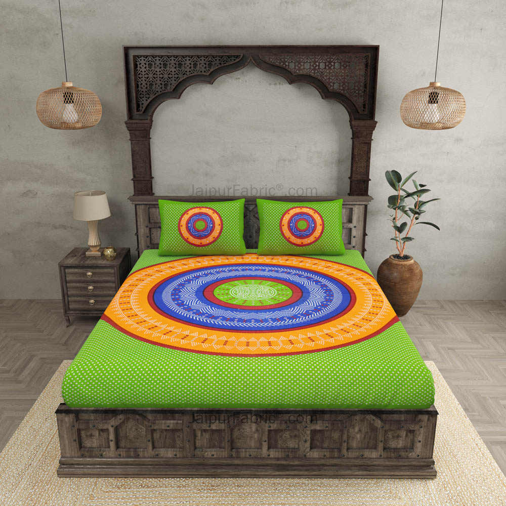 Double Bedsheet Green Base With Round Shape Bandhej Print