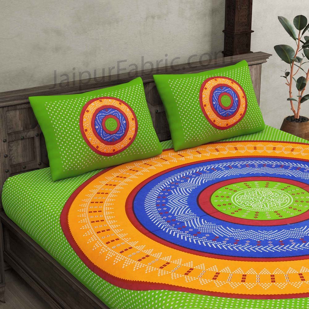 Double Bedsheet Green Base With Round Shape Bandhej Print