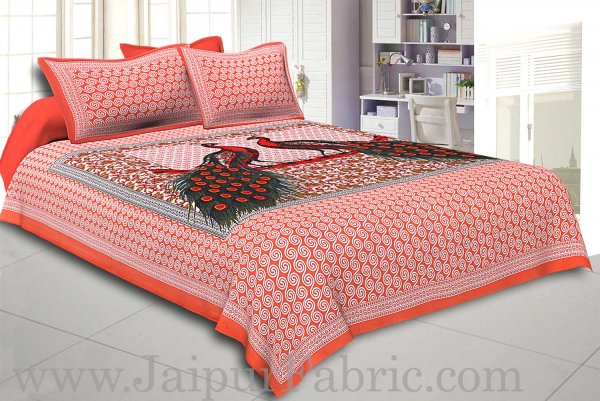 Peach Border Double Peacock Design Coton Double Bedsheet