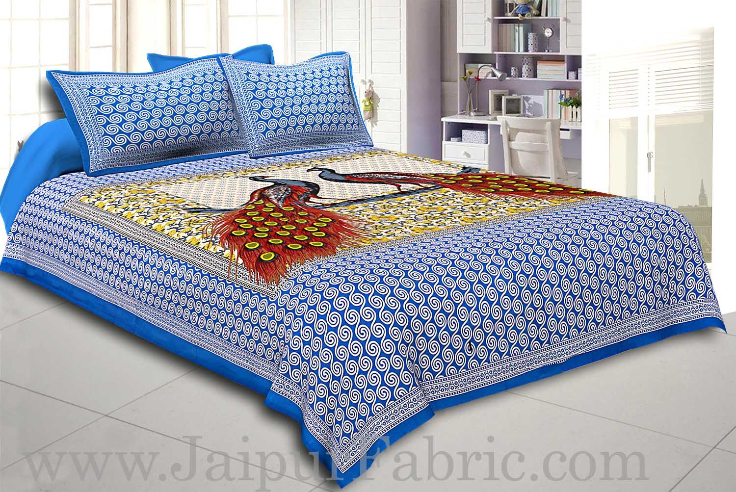 Firozi Border Double Peacock Design Coton Double Bedsheet