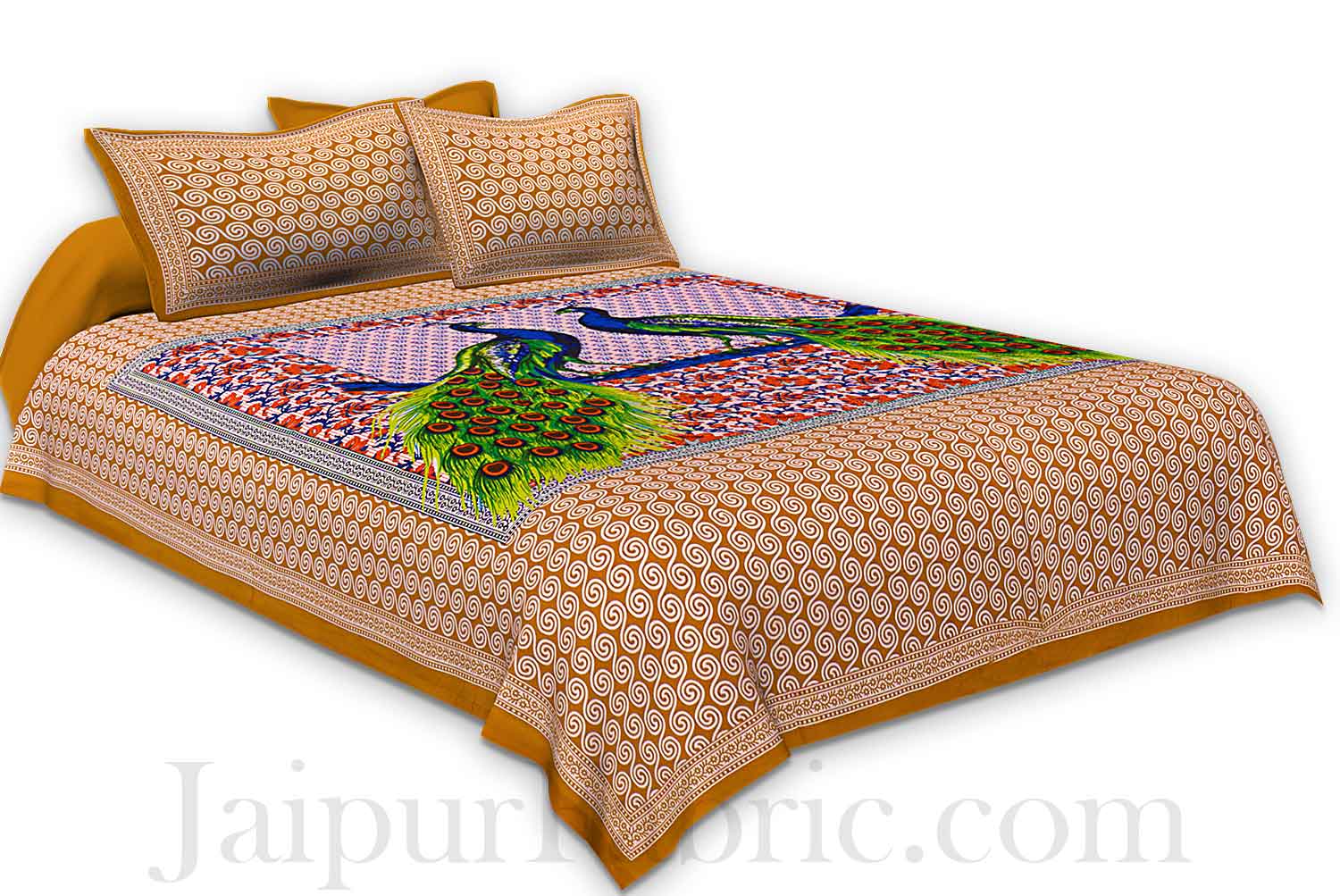 Brown Border Double Peacock Design Coton Double Bedsheet