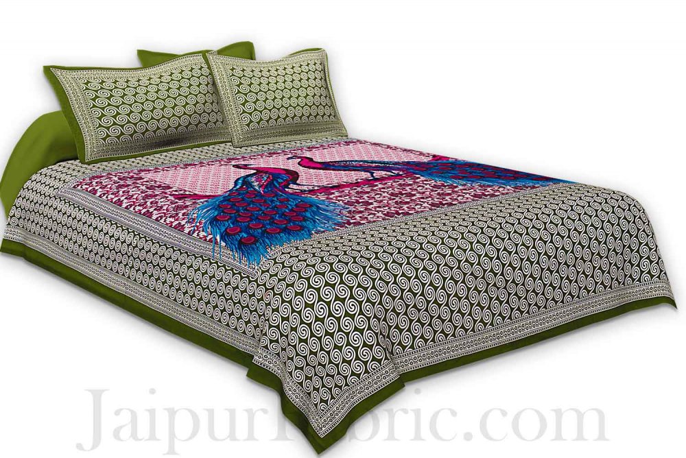 Green Border Double Peacock Design Coton Double Bedsheet