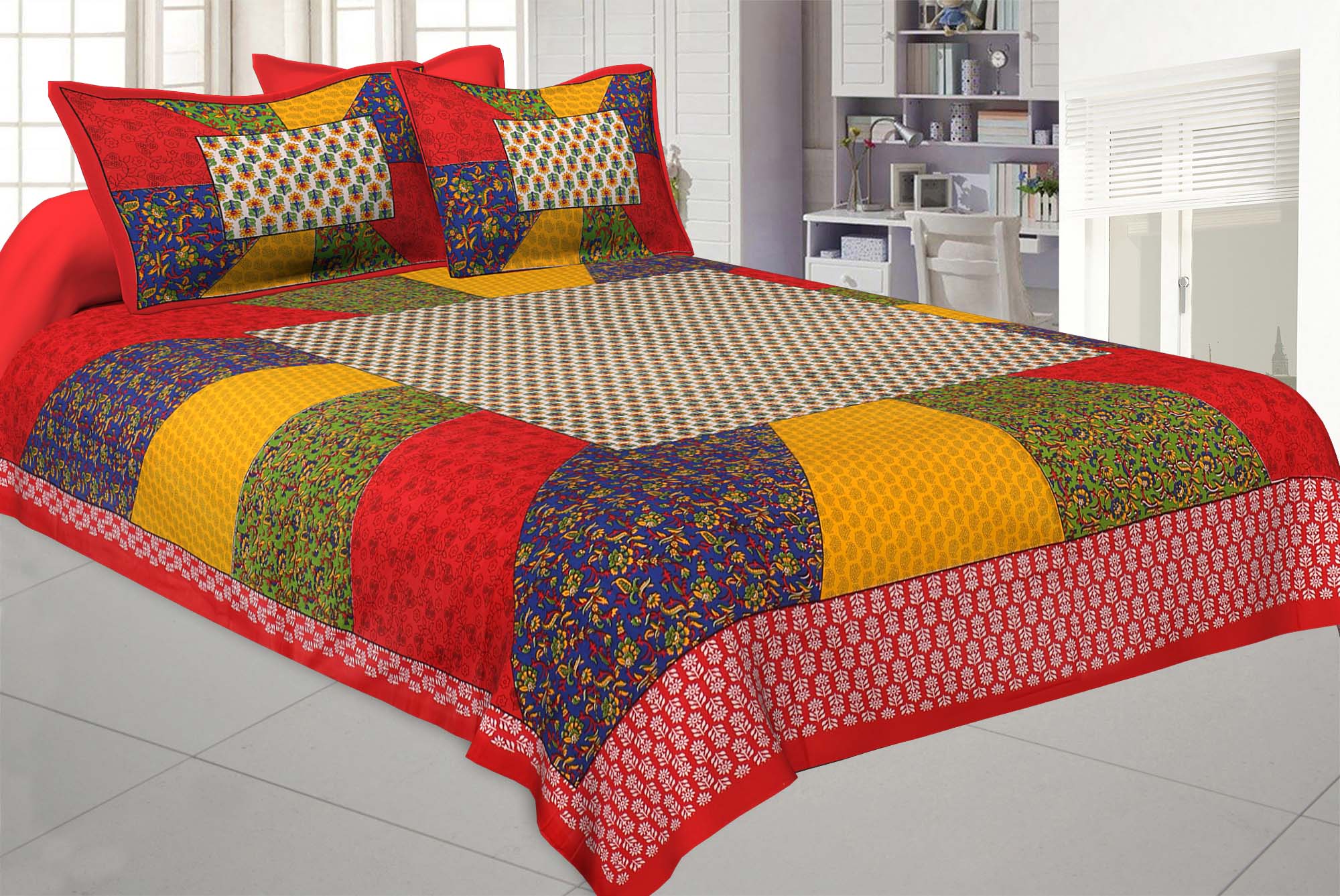 Festive Red Multi Color Stripe Printed Cotton Bedsheet