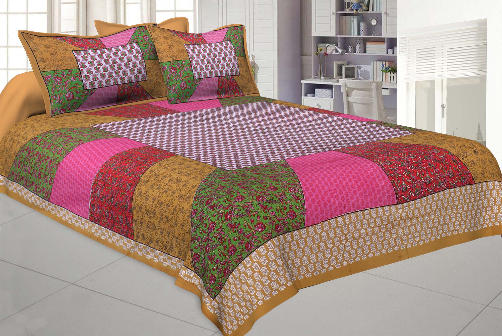 Festive Brown Multi Color Stripe Printed Cotton Bedsheet