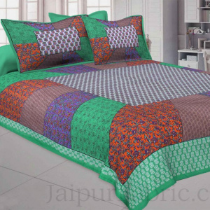 Festive Green Multi Color Stripe Printed Cotton Bedsheet