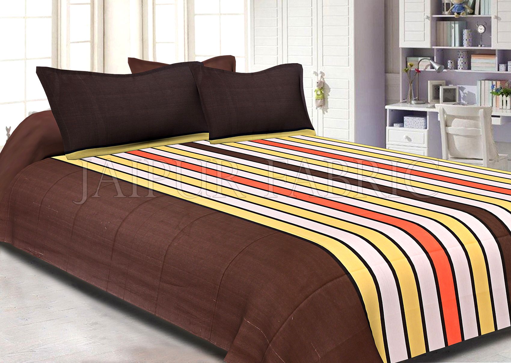 Brown Base Vertical Stripes Cotton Double Bed Sheet
