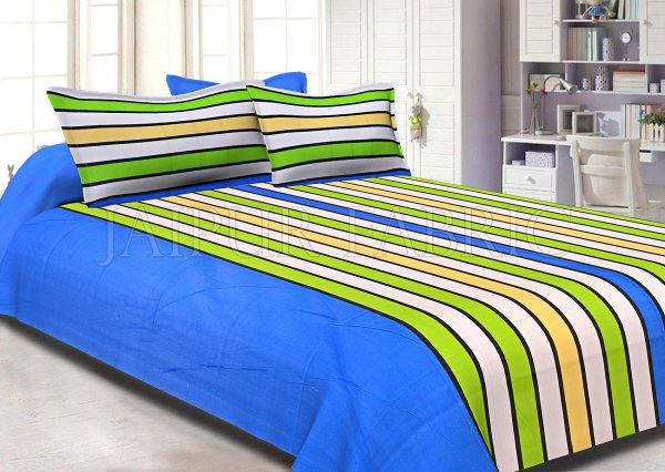 Blue Base Vertical Stripes Cotton Double Bed Sheet
