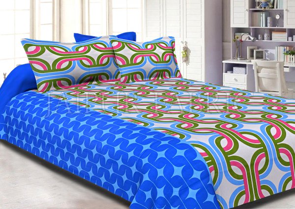 Blue Base Green Printed Cotton Double Bed Sheet
