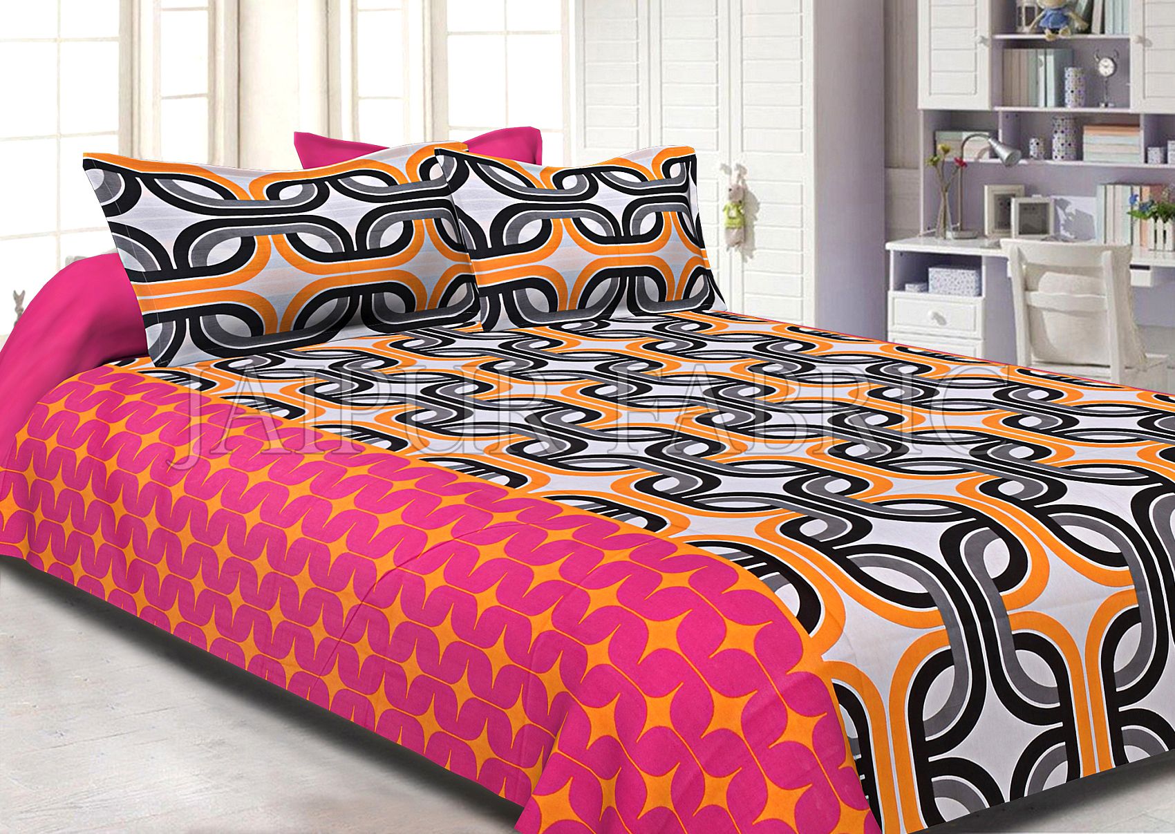 Peach Base Brown Printed Cotton Double Bed Sheet