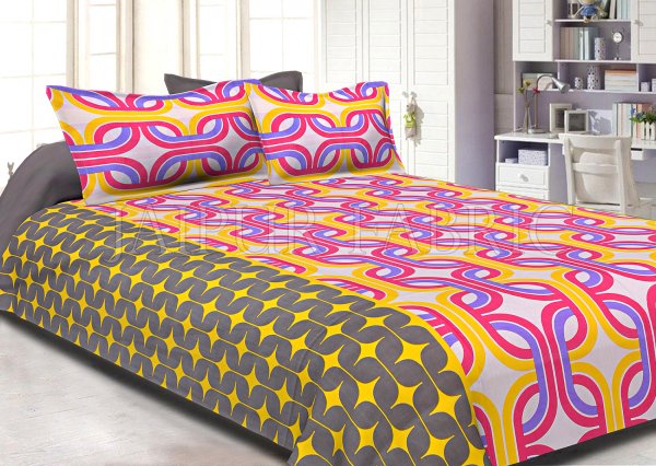 Brown Base Pink Printed Cotton Double Bed Sheet