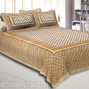 Brown Border Leaf Pattern Screen Print Cotton Double Bed Sheet