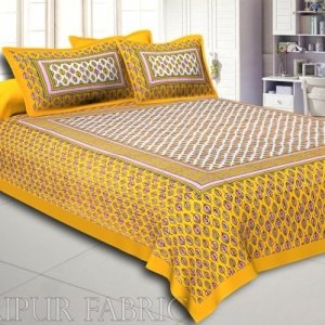 Yellow Border Leaf Pattern Screen Print Cotton Double Bed Sheet
