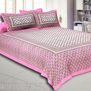 Pink Border Leaf Pattern Screen Print Cotton Double Bed Sheet