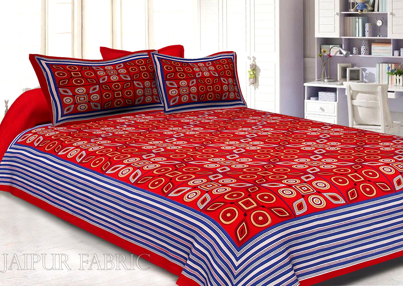 Red Geometric Printed Cotton Double Bed Sheet