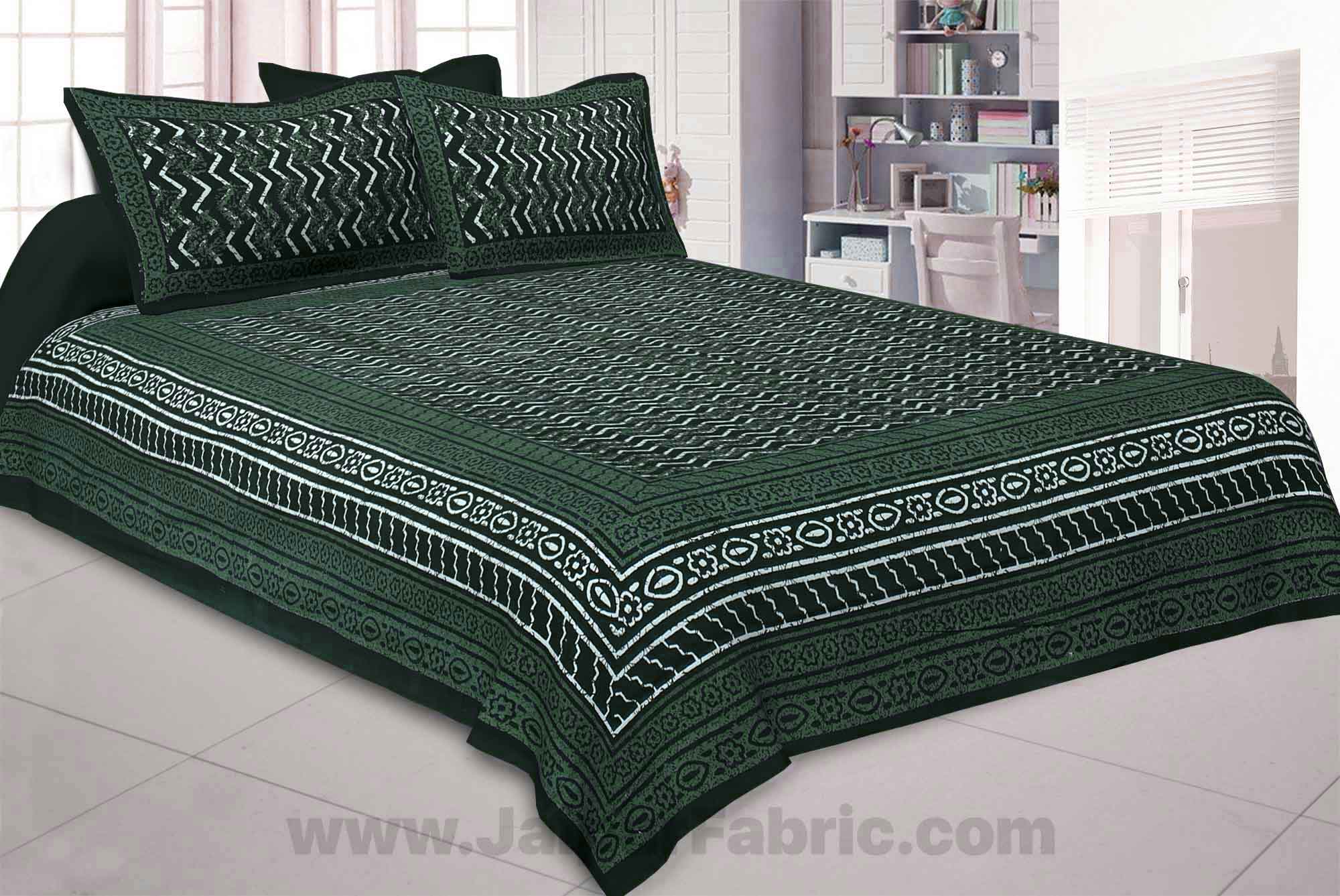 Green Zigzag  Pure Cotton Jaipuri Dabu Print Bedsheet