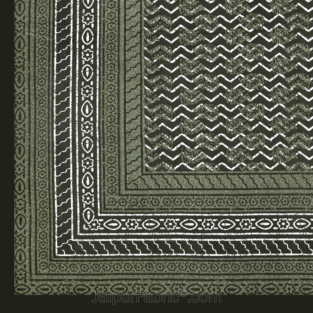 Green Zigzag  Pure Cotton Jaipuri Dabu Print Bedsheet