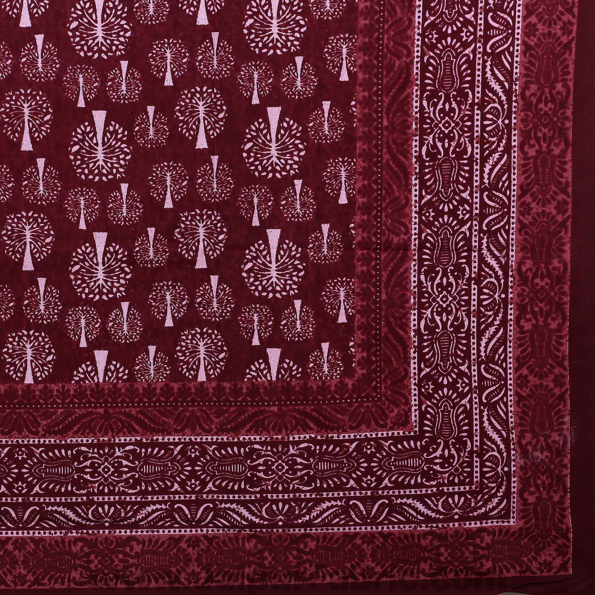 Maroon Palm Tree Pure Cotton Jaipuri Dabu Print Bedsheet