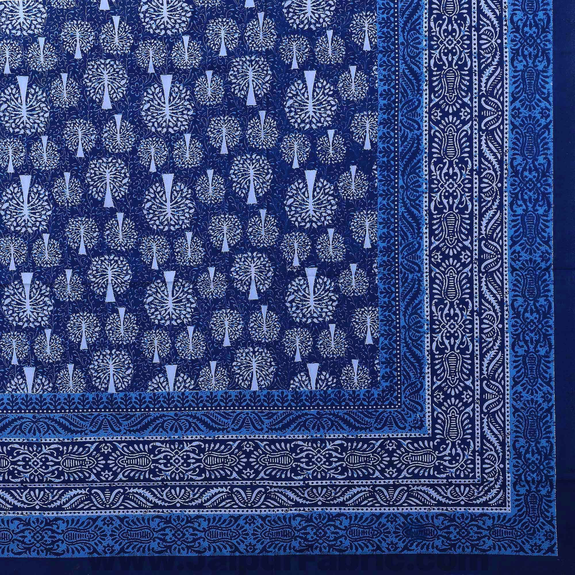 Royal Blue Palm Tree Pure Cotton Jaipuri Dabu Print Bedsheet