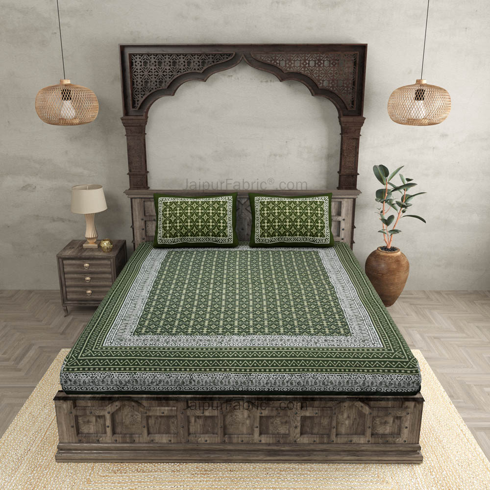 Green Retro Print Pure Cotton Jaipuri Dabu Print Bedsheet