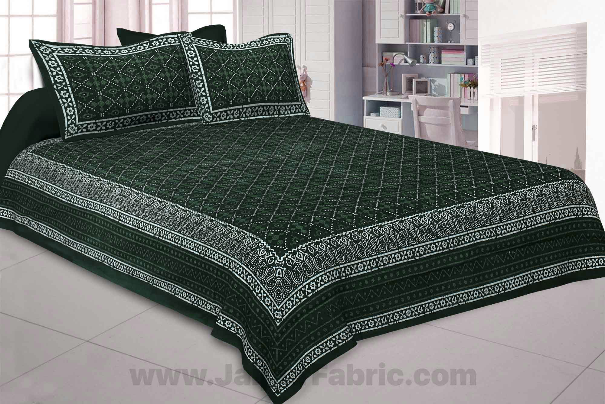 Green Retro Print Pure Cotton Jaipuri Dabu Print Bedsheet
