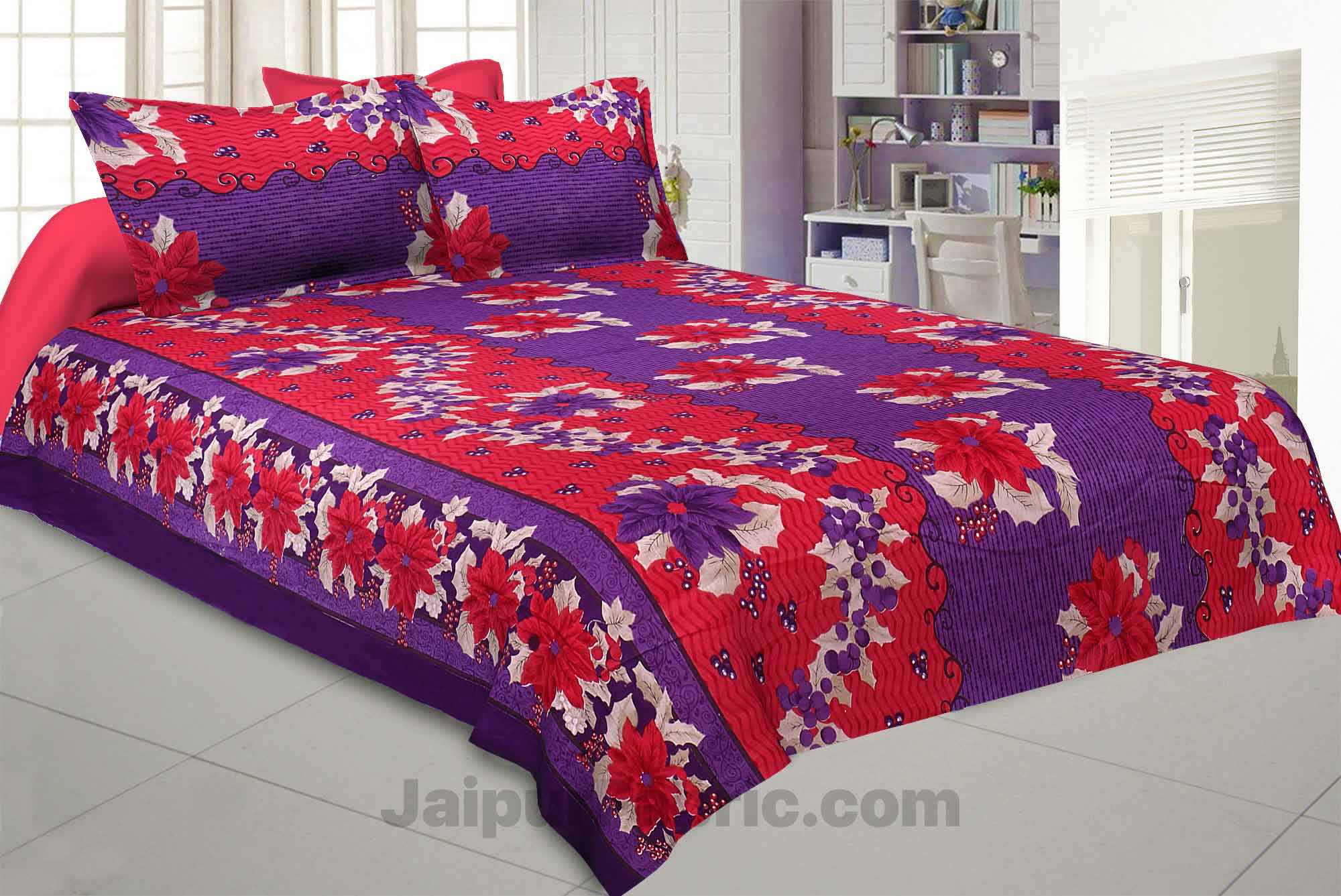 Pure Cotton Red and Purple Floral Jaipuri Procian Bedsheet