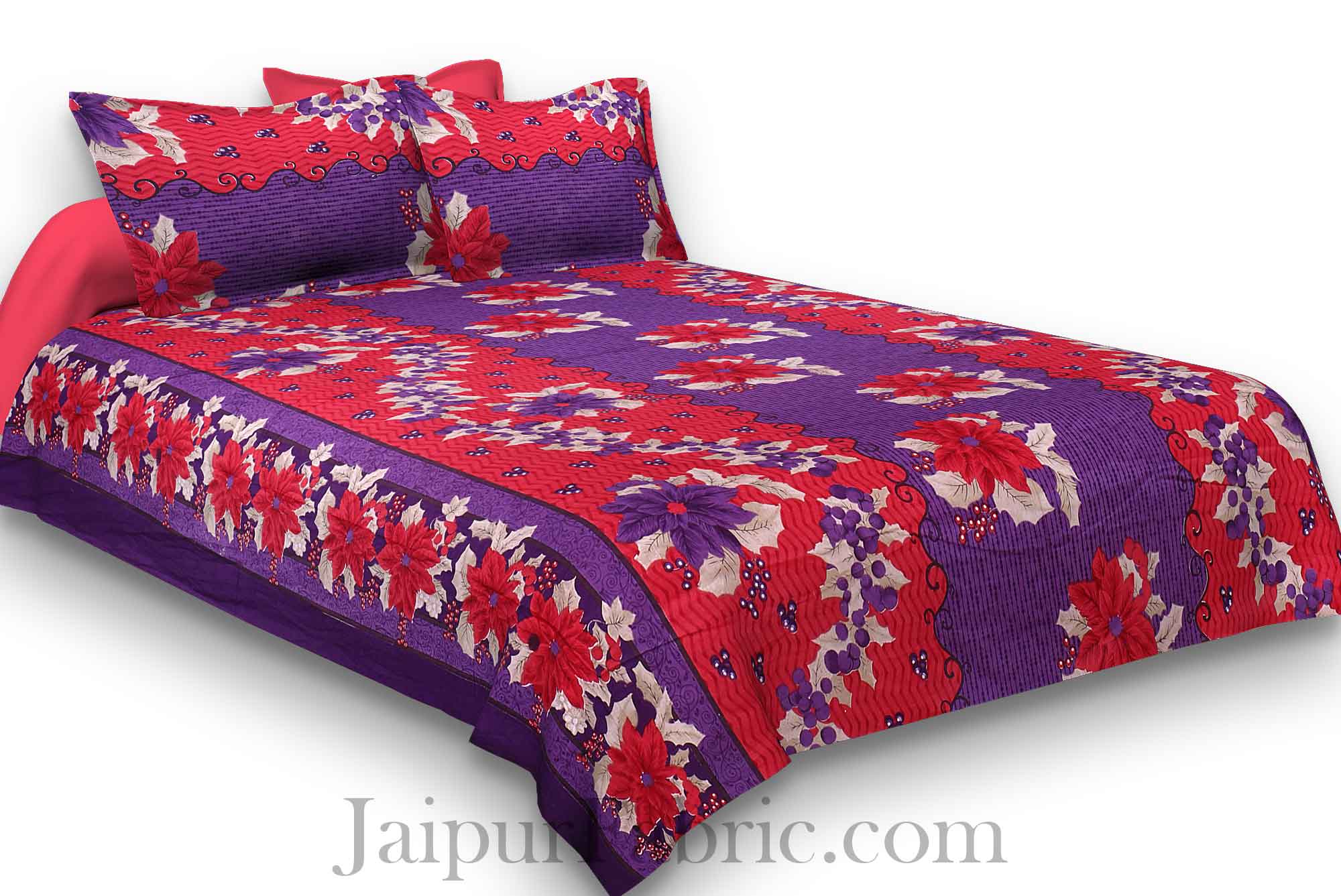 Pure Cotton Red and Purple Floral Jaipuri Procian Bedsheet