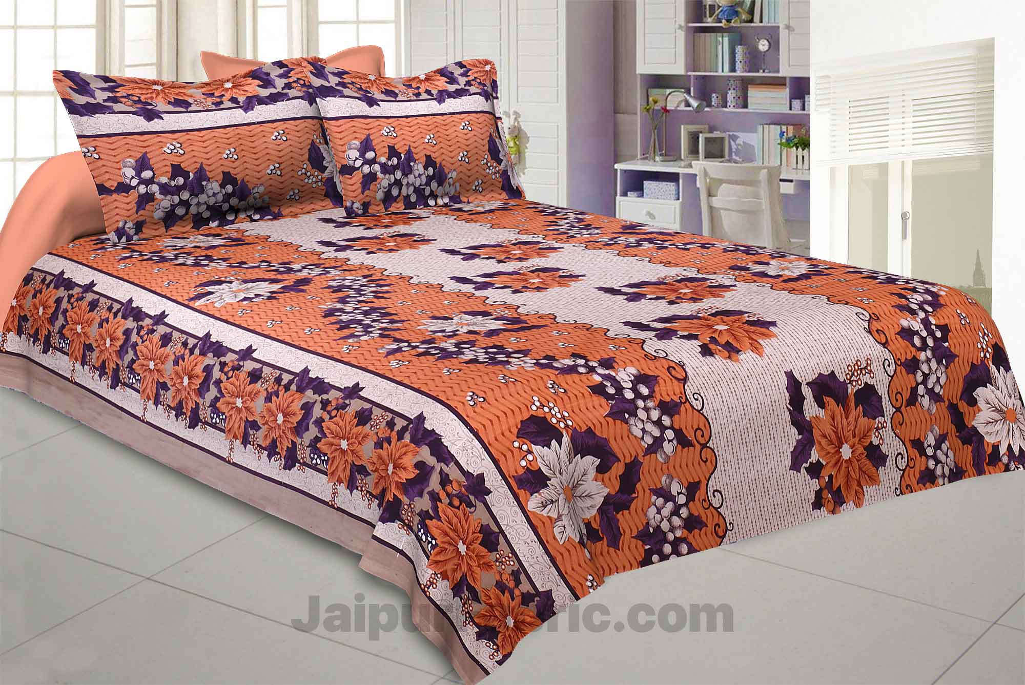 Pure Cotton Mistyrose and Brown Color Floral Jaipuri Procian Bedsheet