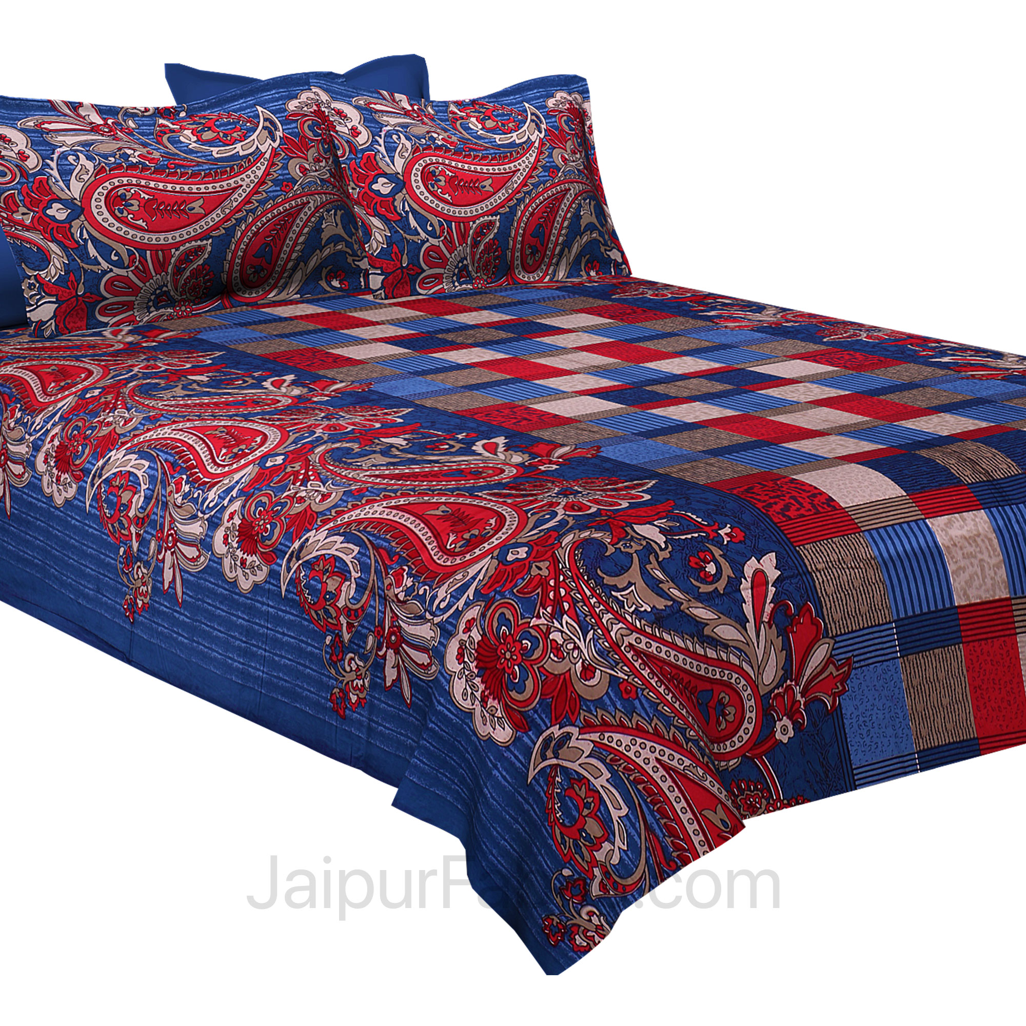Pure Cotton Blue Checks and Paisley Floral Jaipuri Procian Bedsheet