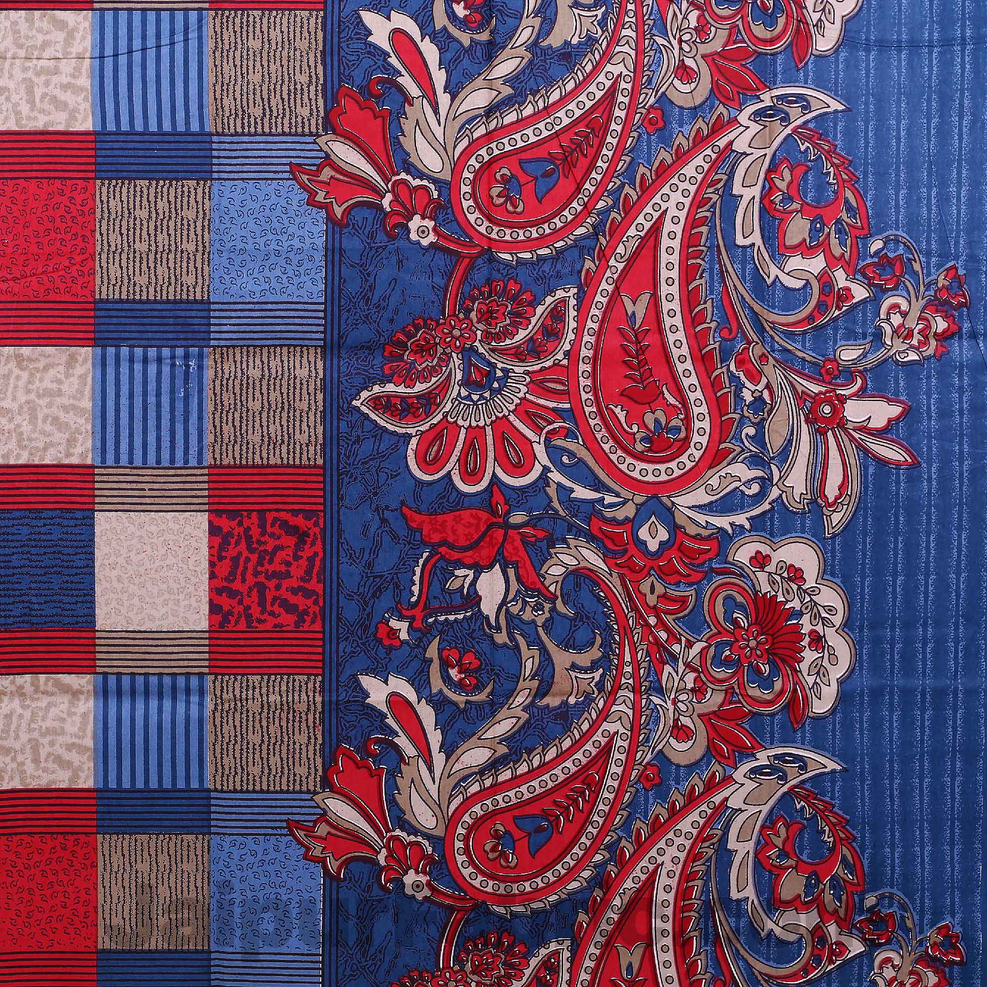Pure Cotton Blue Checks and Paisley Floral Jaipuri Procian Bedsheet