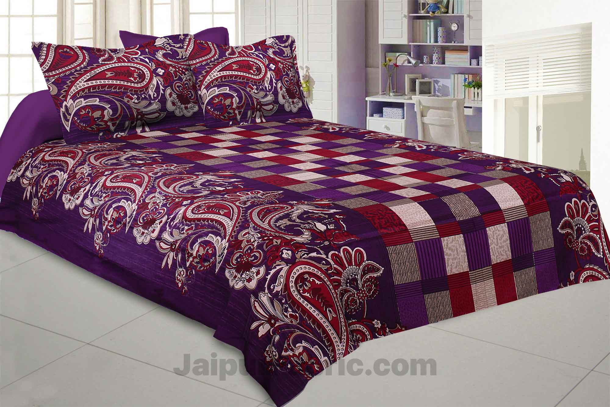 Pure Cotton Purple Checks and Paisley Floral Jaipuri Procian Bedsheet