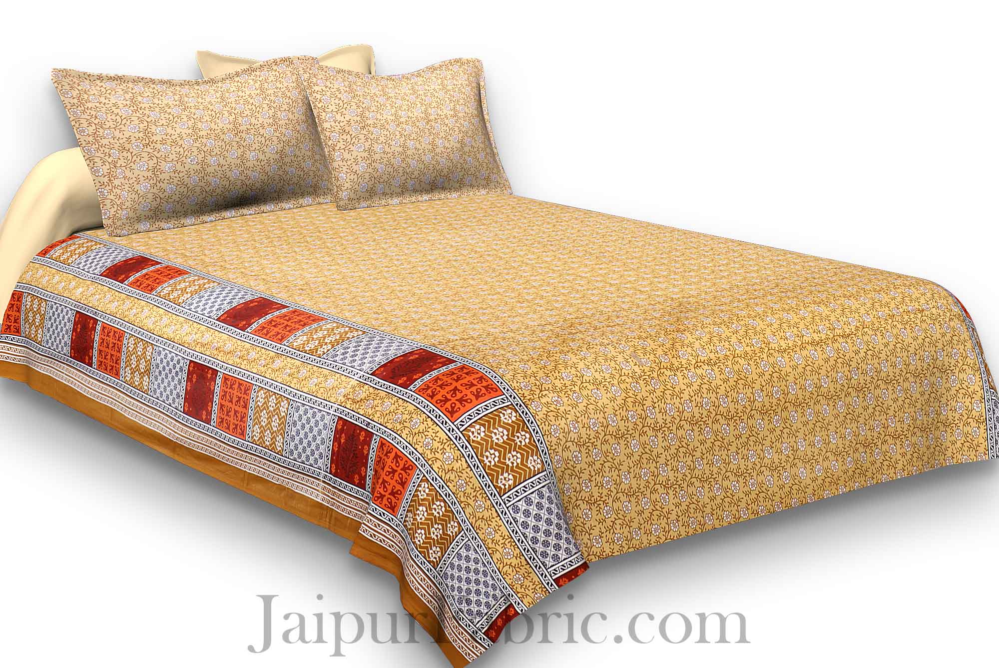 Pure Cotton Yellow Golden Color Small Floral Jaipuri Procian Bedsheet