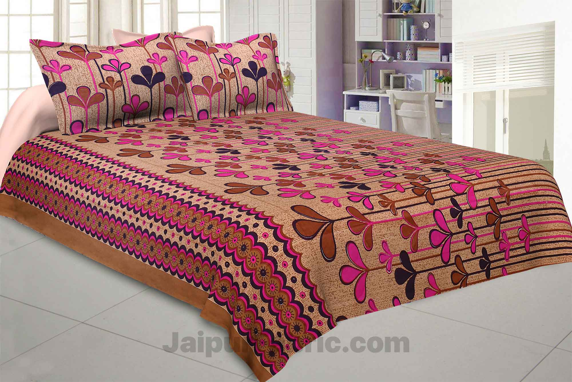 Pure Cotton Brwon Base Pink Leaves Print Jaipuri Procian Bedsheet