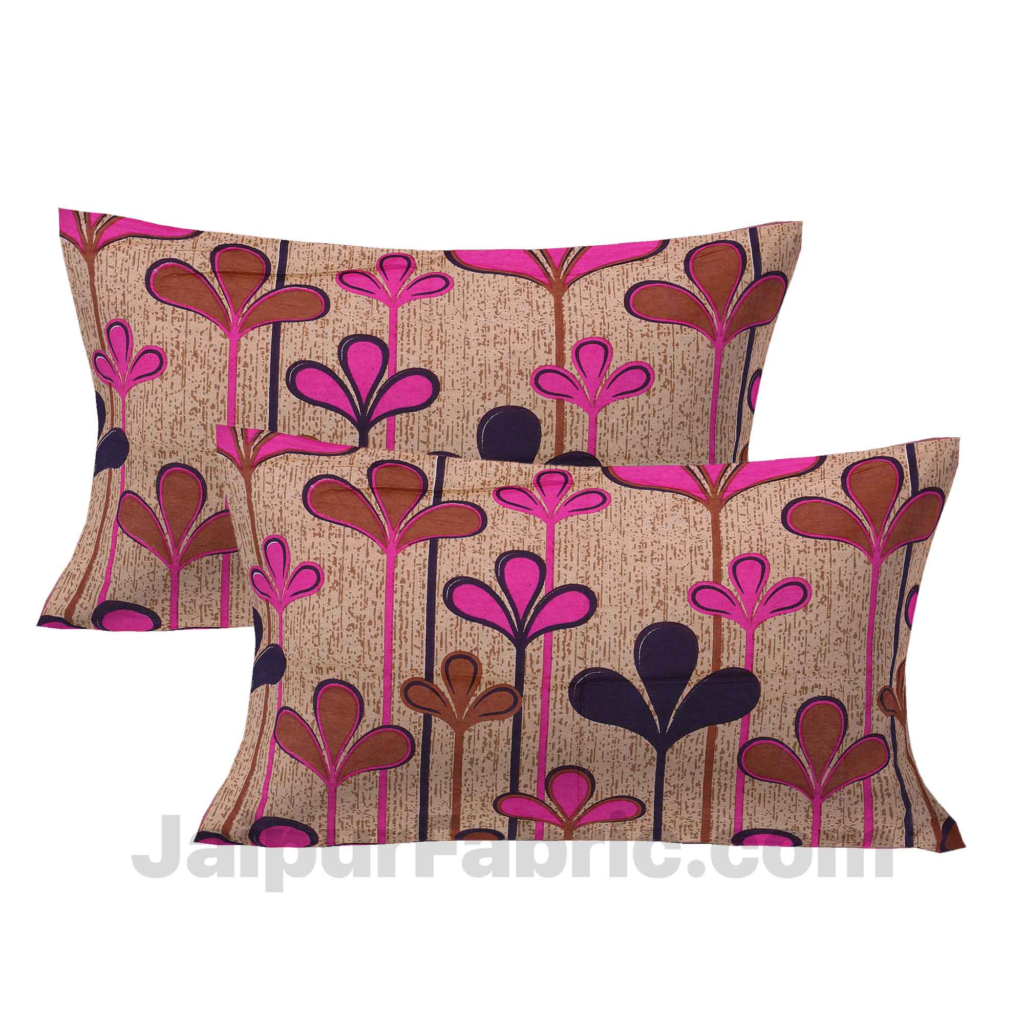 Pure Cotton Brwon Base Pink Leaves Print Jaipuri Procian Bedsheet