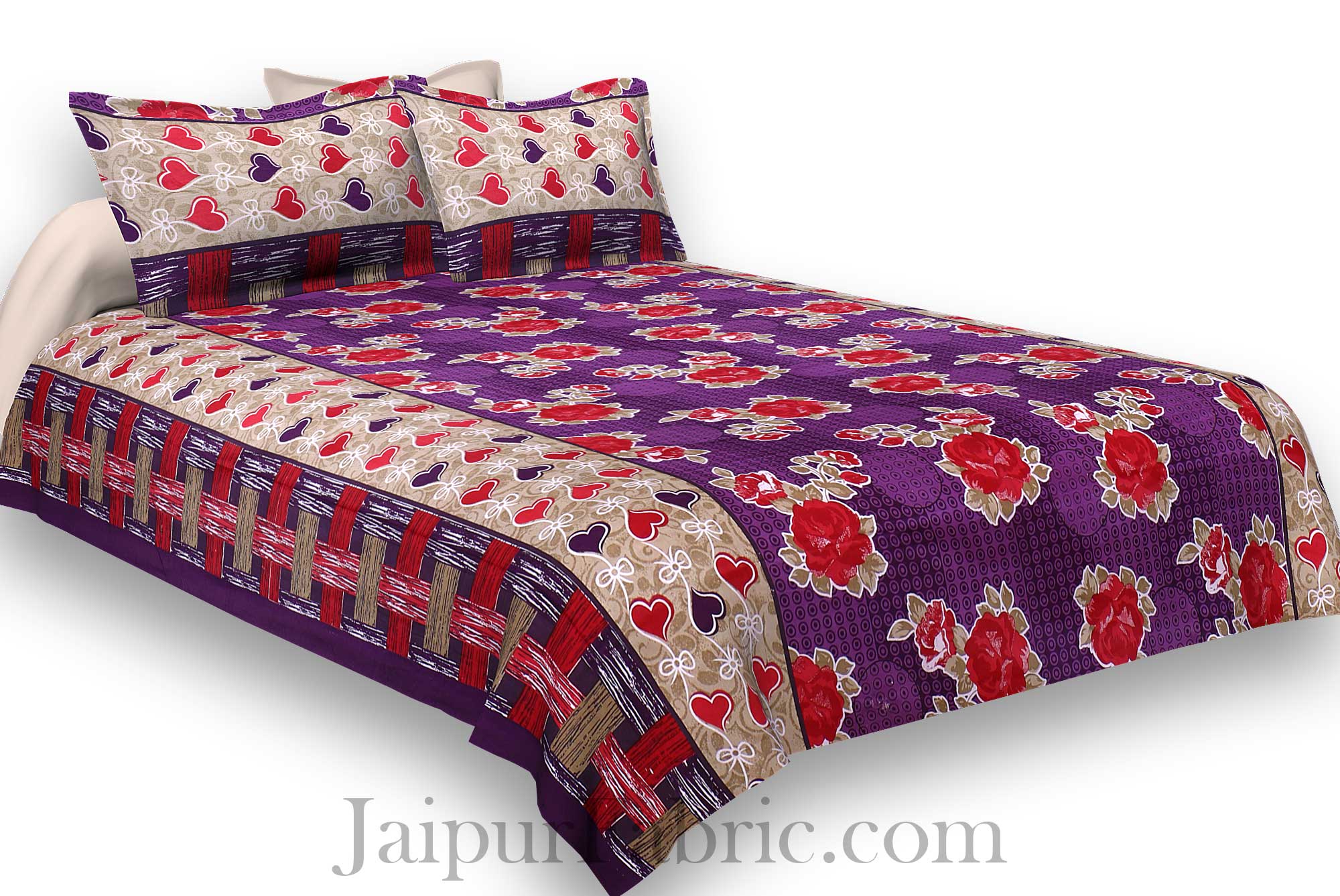 Pure Cotton Purple Base Red Floral Jaipuri Procian Bedsheet
