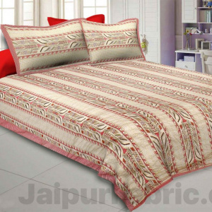 Creamish Red Lineal Style Kantha Thread Work Embroidery Double Bedsheet / Dohar / Light Blanket / Thin Comforter