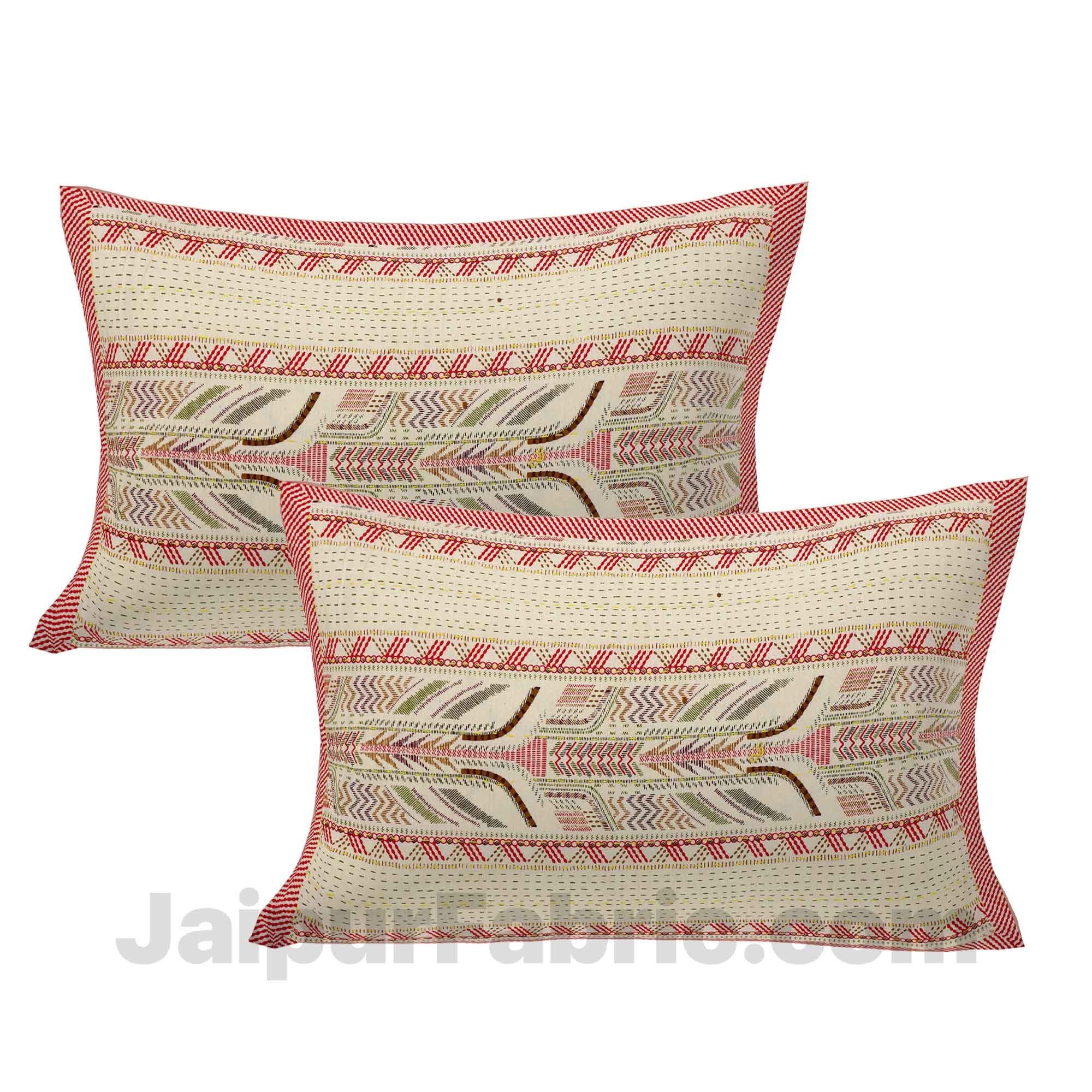 Creamish Red Lineal Style Kantha Thread Work Embroidery Double Bedsheet / Dohar / Light Blanket / Thin Comforter