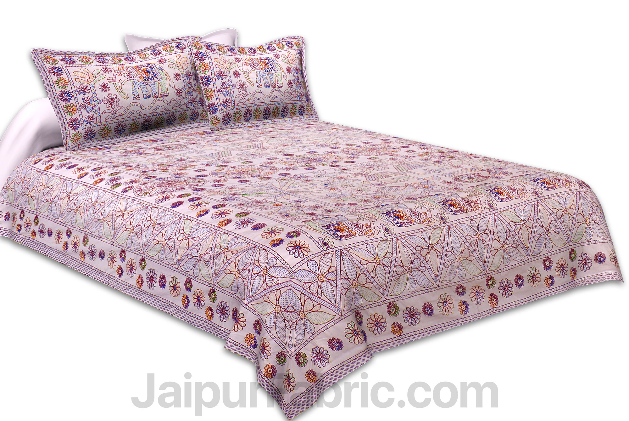 Beautiful Scenery Kantha Thread Work Embroidery Double Bedsheet / Dohar / Light Blanket / Thin Comforter
