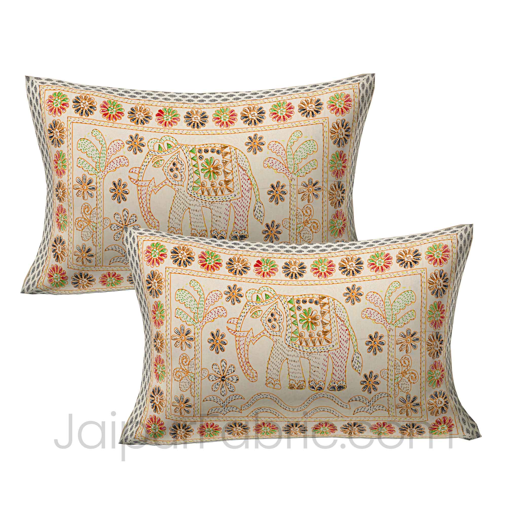 Beautiful Cream Kantha Thread Work Embroidery Double Bedsheet / Dohar / Light Blanket / Thin Comforter