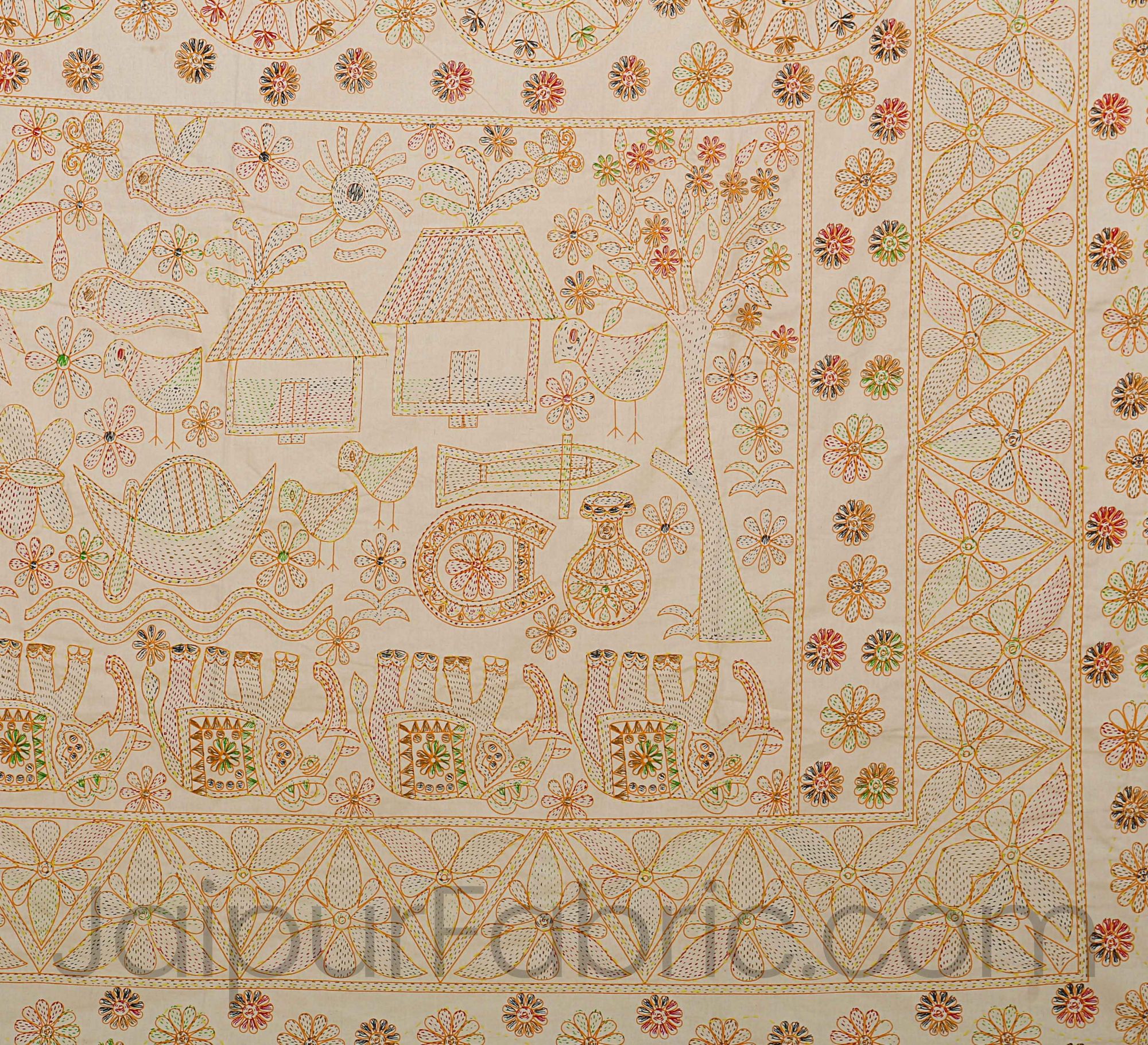 Beautiful Cream Kantha Thread Work Embroidery Double Bedsheet / Dohar / Light Blanket / Thin Comforter
