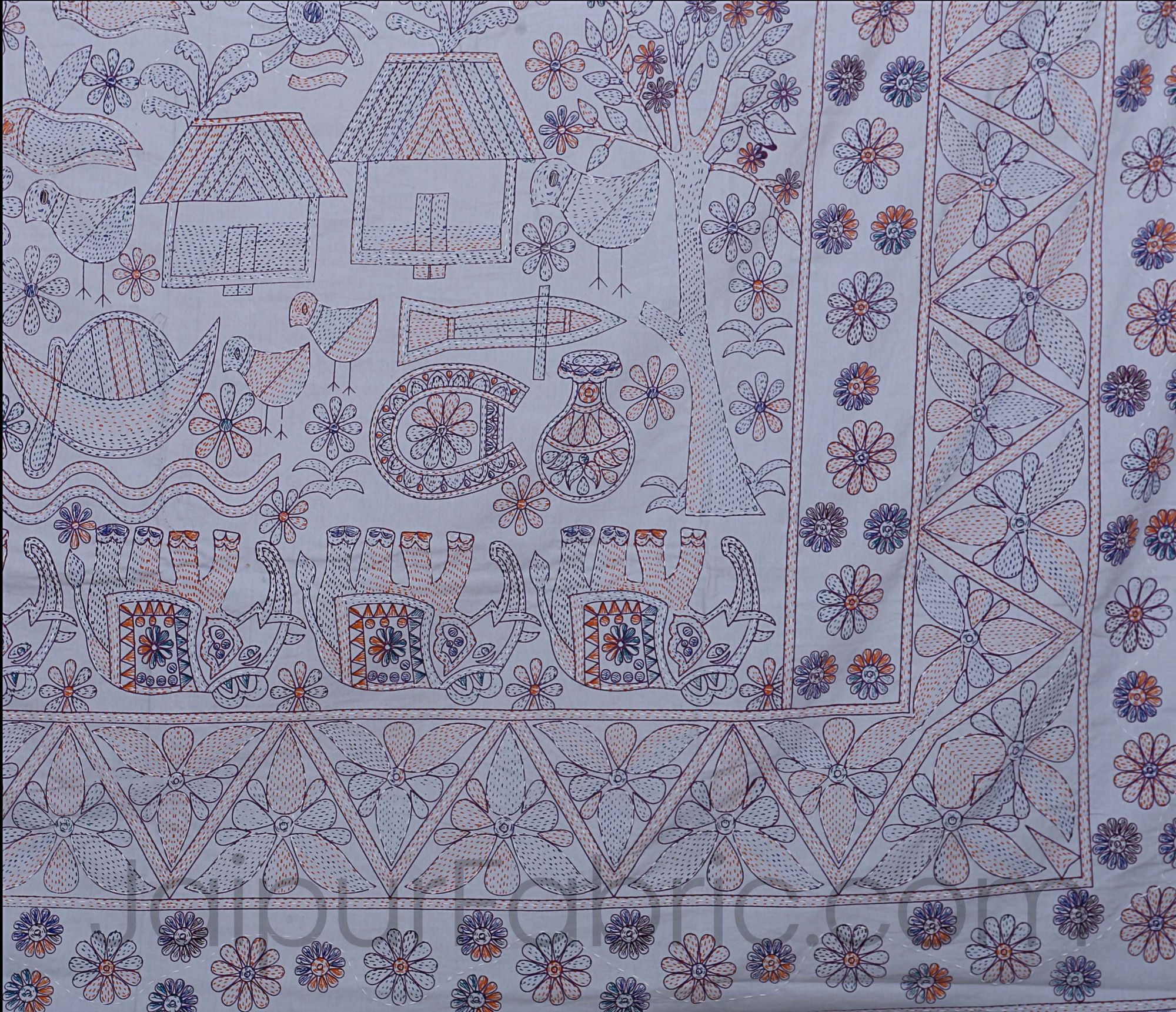 Beautiful Blue Kantha Thread Work Embroidery Double Bedsheet / Dohar / Light Blanket / Thin Comforter